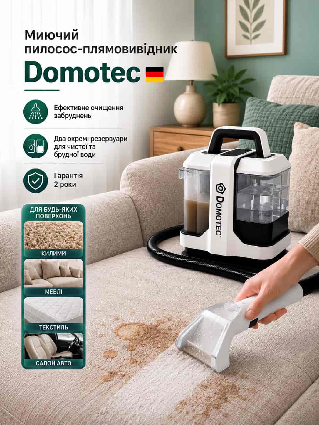 Миючий пилосос Domotec для килимів, диванів і м’яких меблів